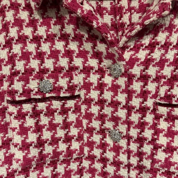 Zara Tweed Jacket Women XL Pink White Houndstooth Rhinestone Button Cropped Chic - Picture 3 of 5